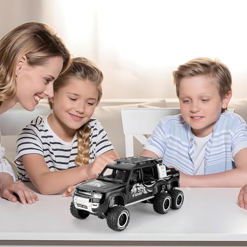 Image of 1:24 Land Rover Defender Six Wheels Off-Road Pickup Car Model, Pull Back Diecast Truck Collectible with Sounds & Lights, Gift for Kids, Boys, Girls, and Adults (Black)
