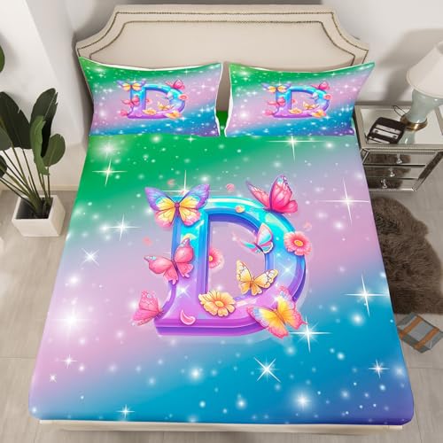 Personalized Letter D Fitted Sheet Queen,Girls Woman Butterfly Bed Sheet 3 Pieces(No Flat Sheet),Galaxy Starry Sky Bedding Set for Kids Adults,Rainbow Gradient Deep Pocket Sheett Room Decor