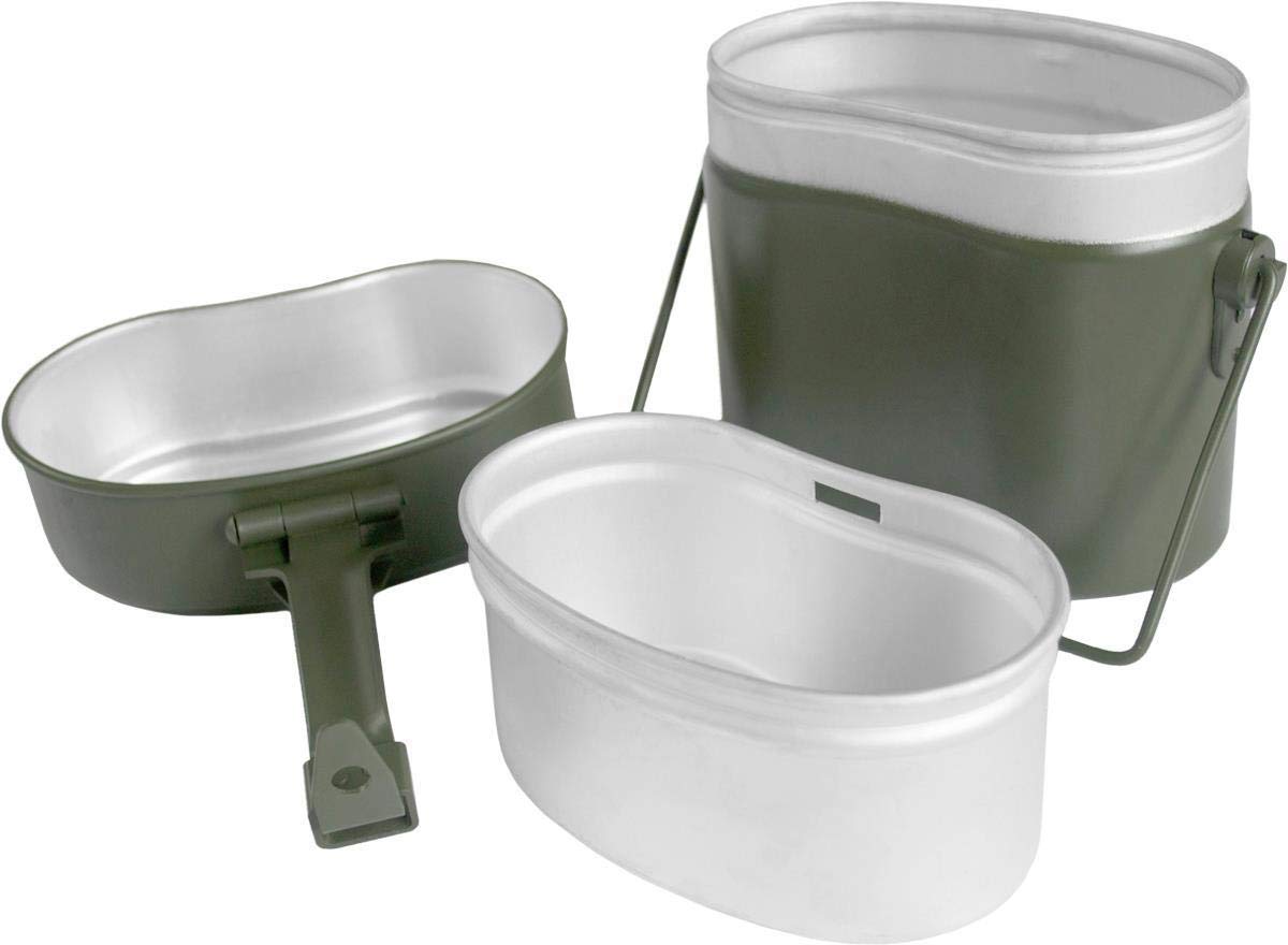 Outdoor Geschirr-Set bestehend aus Bundeswehr Kochgeschirr, 5-teiligem Besteck und Tasse mit klappbarem Henkel und Deckel - rostfrei und hitzebeständig