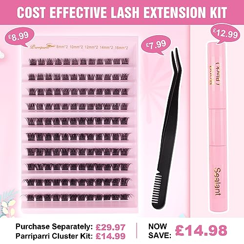 Parriparri DIY Lash Extension Kit 120Pcs Individual Lashes with Bond and Seal and Cluster Lashes Applicator Volume Eyelash Extensions Kit False Eyelashes DIY at Home (8-16MM MIX) - Image 2