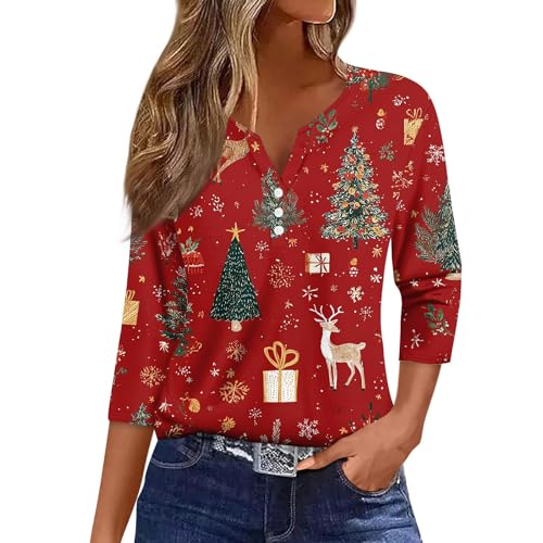 Image of Women Christmas Shirt 3 /4 Length Sleeve Henley Tops Xmas Outfits