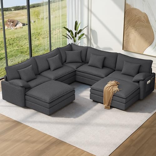 Image of Vesgantti 101 inch V-Shaped Corner Couch Sectional, 7 Seat Customizable Modular Cloud Couches with Movable Ottoman, Corduroy Deep Seat Sofa Set with Chaise for Living Room, Bedroom and Apartment, Gray