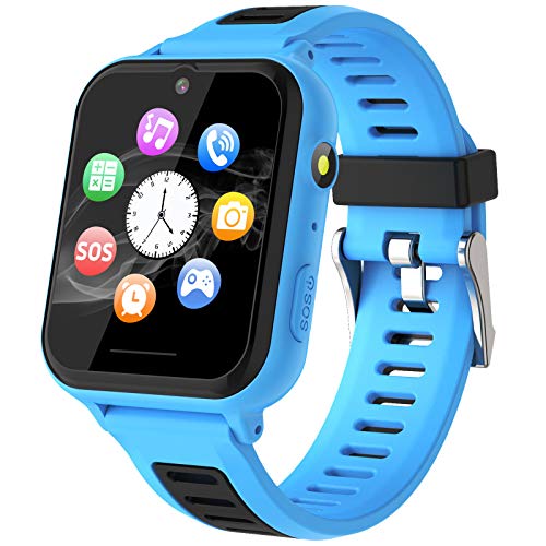Smartwatch Niños - MP3 Música 14 Juegos Niños Reloj Inteligente llamada Chat de Voz SOS linterna Cámara Vídeo Digital Pantalla Táctil HD Deporte Reloj de Pulsera Digital Para Niños De 4-12 Años (Azul)