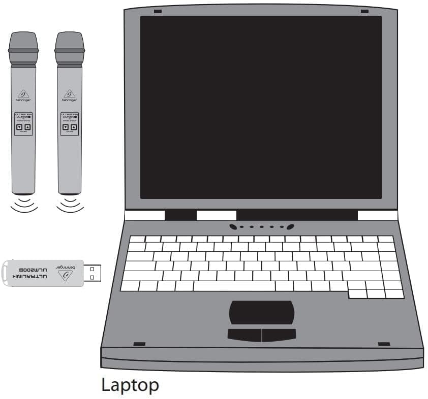 Diagram showing two microphones and a USB receiver connected to a laptop