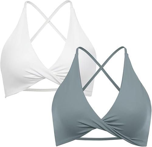 Miniatura 2 de SUUKSESS Sujetador deportivo de 2 piezas para mujer, con espalda abierta, con tirantes delgados, cuello en V, para entrenamiento