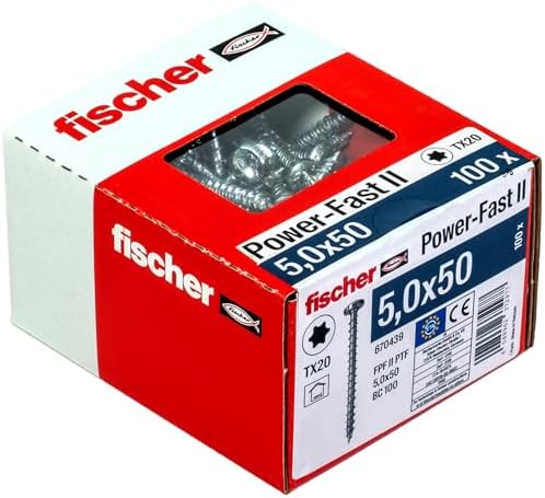 fischer 670439 Power-Fast II Chipboard Screws, 5 x 50 mm, Flat Head with TX Inner Star Fully Threaded Blue Passivated Galvanised - Box of 100 Screws
