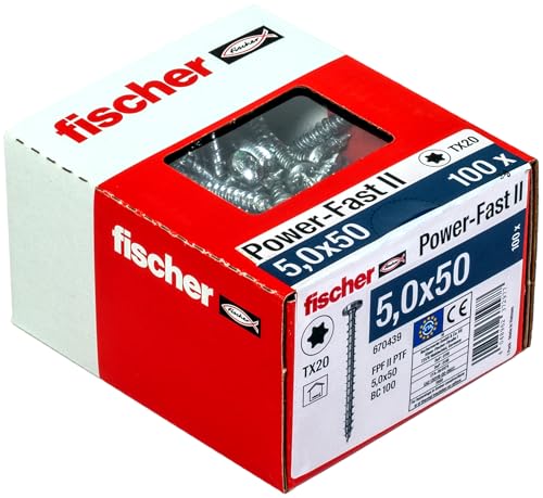 fischer 670439 Power-Fast II 5.0 x 50 mm Chipboard Wood Screws, Pan Head with Inner Star TX Fully Threaded Galvanised Blue Passivated, Box of 100 Screws