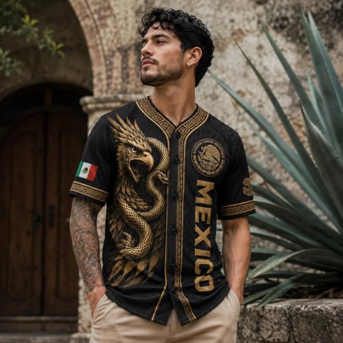 Jersey de béisbol de México para hombres y mujeres, camisa con botones de la bandera mexicana, jersey de manga corta con diseño de águila azteca miniatura 2