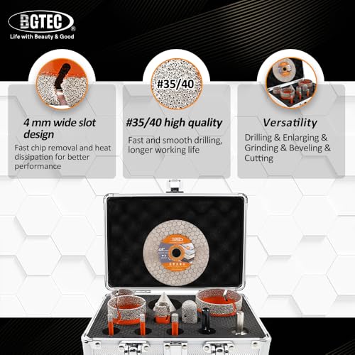 Image of BGTEC Diamond Hole Saw Kit - 12PCS 6 /6 /8 /19 /35 /50 /65mm Drill Bits+20mm Milling Finger Bit+50mm Chamfering Bit+SDS /HEX+115mm Tile Blade for Porcelain Tile Ceramic Granite Marble Stoneware