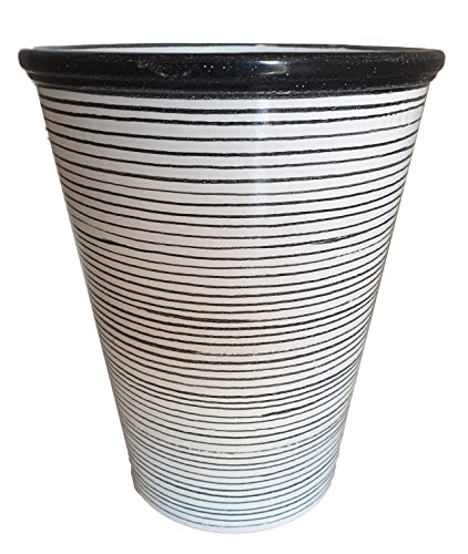 Ceramiche Angela Rinaldi – Vaso in Ceramica di Vietri dipinto a mano rigato Maiolica Design Terracotta Coccio Cachepot (Altezza cm 12 diametro cm 13, righe nere sottili)