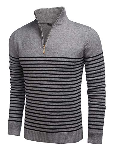 Coofandy Black And Grey Striped Long Sleeve Sweater Mens Zip Up Mock Neck Sweater (Grey, M) #TOP23