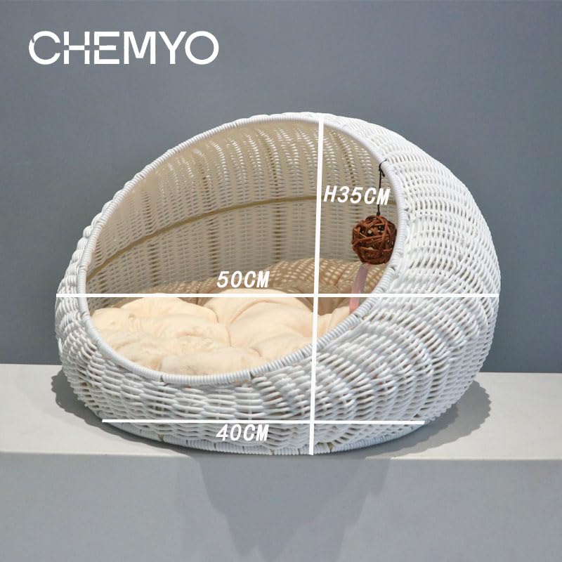 Cuccia per Gatti in Vimini, Cuccia per Gattini in Vimini, Cuccia in Rattan per Uso Interno ed Esterno, Cuccia Accogliente con Cuscino Morbido Lavabile 50x40x35 cm Bianco