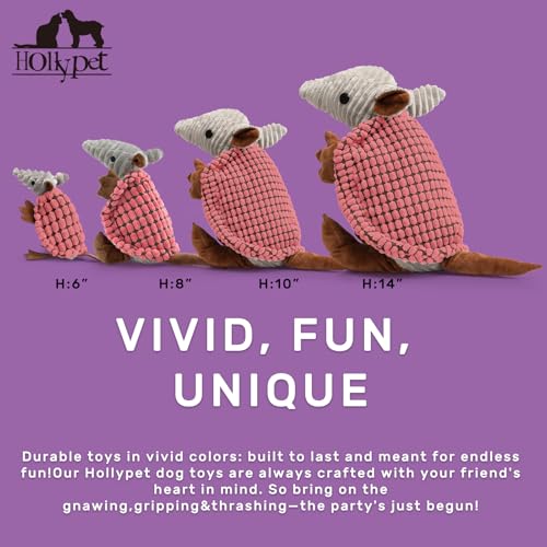 Image of Hollypet Plush Dog Squeaky Toy Stuffed Armadillo Animal Pet Puppy Chew Toys with Clean Teeth for Small Medium Large All Breed Sizes Dogs, Bright Pink, 6 in