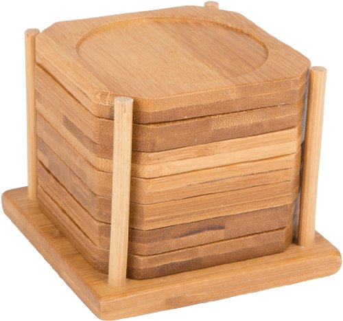 Trademark Innovations Porta-copos quadrados de 8,89 cm 100% bambu natural  Conjunto de 6 com suporte