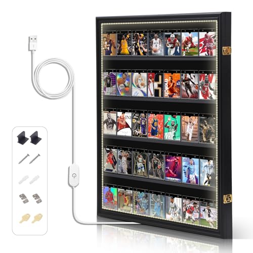 Nice C Baseball Card Display Case with LED Light, 35 Graded Sports Card Display Case, Trading Card Display Case Football Cards, 98% UV Protection, Acrylic, Lockable (LED Vertical 1 Pack)