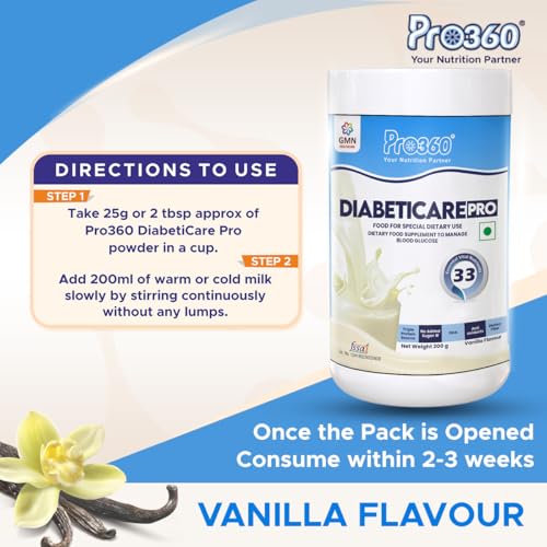 Image of Pro360 DiabetiCare Pro Nutritional Diabetic Protein Food Supplement Powder to Manage Diabetes and Blood Glucose for Adults - 200gm Jar (Vanilla)