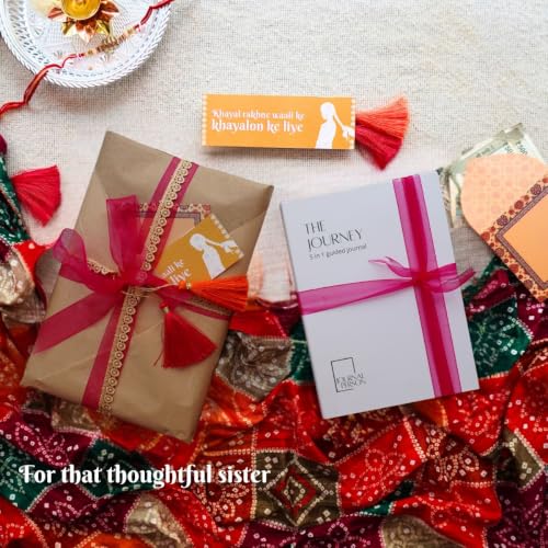 Image of Rakhi Gift Set for sisters- 5-in-1 Guided Journal Diary, Indian Lace Gift Packaging, Money Envelope & Personal Message Bookmark Card for sisters
