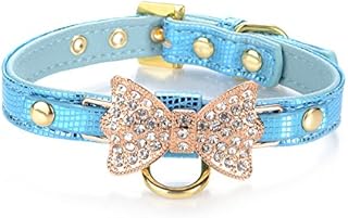 LOVPE Gold Bling Diamond Giltter Leather Fashion Collar with Ring for Tags for Small Dogs/Cats,[Adjustable Collars for puppy/kitten] (S, Gold)