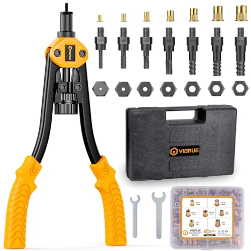 VIGRUE 14'' Rivet Nut Tool Hand Rivet Tool Kits with 7PCS Metric & Inch Mandrels and 150PCS Metric & SAE Rivet Nuts Assortment and Rugged Carrying Case