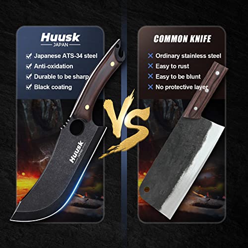 Huusk Chef Knives, Black Meat Cleaver Outdoor Cooking Knife With Sheath Camping Knives Bbq Knife Set #TOP2