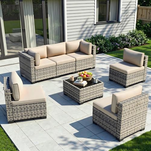 Image of Outdoor PE Wicker Rattan Modular Patio Sectional Sofa Set | 7-Piece: 6 Modular Seats & Coffee Table with Thick Cushions, Khaki