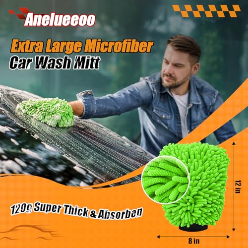 Car Wash Mitt Microfiber, Premium Chenille Microfiber Wash Car Mitts Sponge Scratch Free & Lint-Free, Mitts Waterproof Lining 2 Pack Green (8''X12'') - Image 3