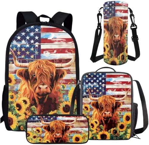 AmzPrint 4 In 1 Backpack Set For Boys Girls Highland Cow Bookbag ...