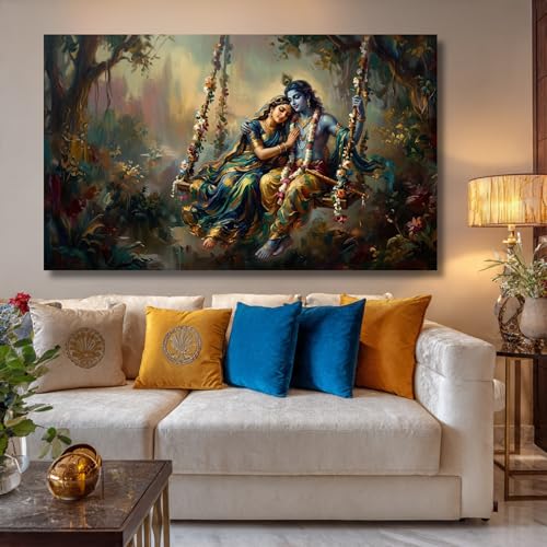 Image of KUNJ CART Artistic Premium Radha Krishna Canvas Painting for Living Room | Radha Krishna painting for wall Big Size | Spiritual Vastu Home Decor | Radha Krishna jhula wall painting for Bedroom | Hindu God Large Canvas Wall Painting (36 X 24 INCH, Unframed - LARGE)