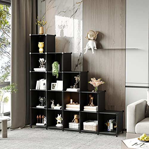 Awtatos Cube Storage Organizer Modular Storage Cubes Bookshelf Portable Closet Storage Shelves Diy Plastic 16 Cube Organizer Shelving, Stackable Storage Solution For Bedroom, Home Office, Black #TOP3