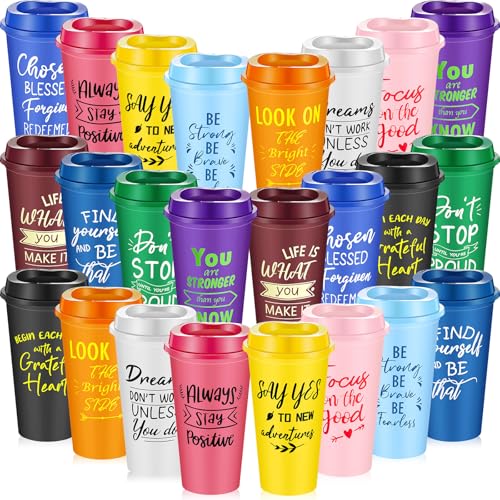 FillTouch 24 Pcs 16 oz Reusable Plastic Coffee Cups with Lids and Positive Sayings, Bulk Inspirational Gifts for Women Men Employee Coworker Staff Team Volunteer, Hot or Cold Drinks (Bright Color)