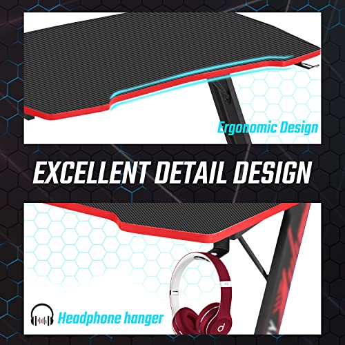 Image of BestOffice 39 inch Gmaing Desk Computer Gaming Desk Z Shaped Gaming Workstation Ergonomic Gaming Table with Headphone Hook for Game Players (Red)