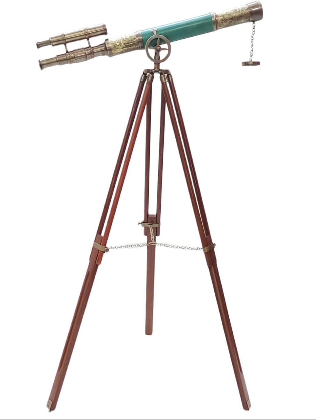 Brass & Leather Antique Double Barrel Telescope with Tripod Stand Master Scope Telescope Home Decor by Navirock