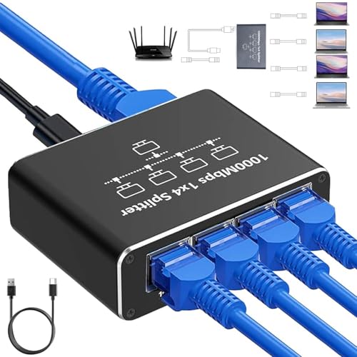 Gigabit Ethernet Splitter 1 to 4, 1000Mbps RJ45 Network Ethernet Switch, LAN Internet Splitter Adapter for Cat 5/5e/6/7/8 Cable[ 4 Devices Networked Simultaneously