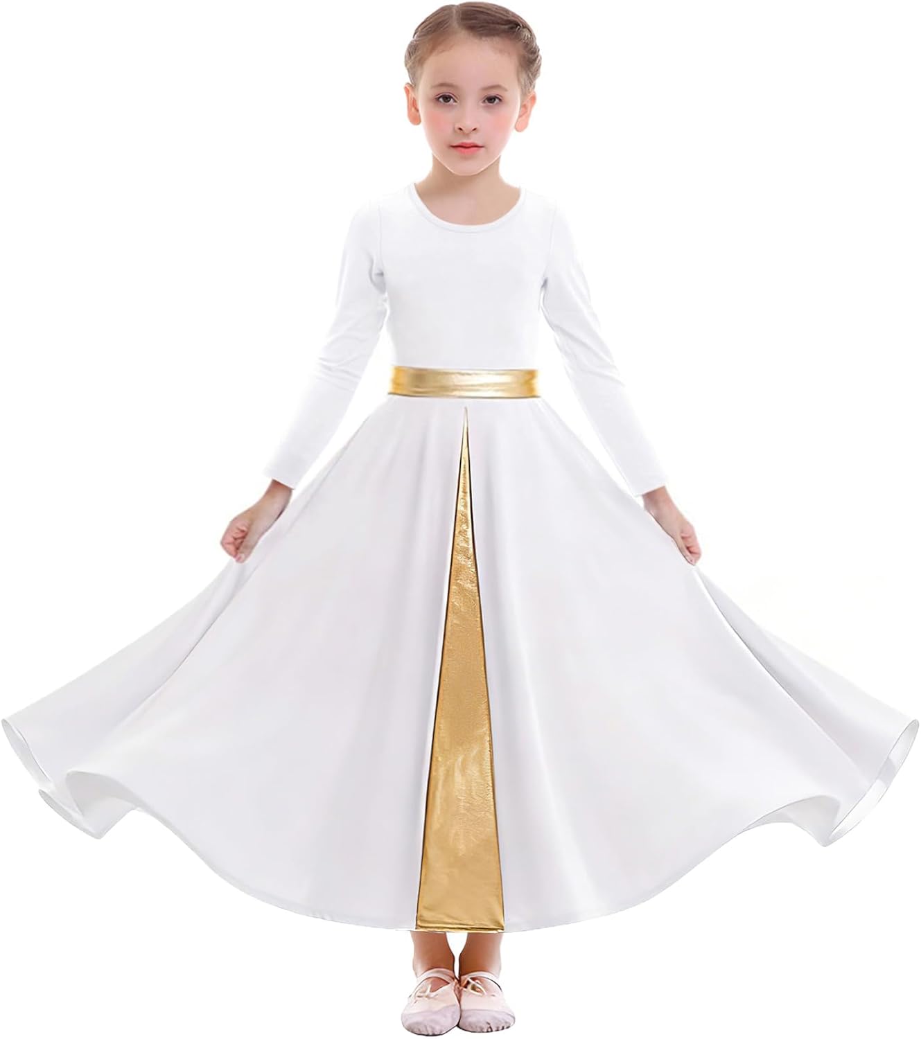 Z&X Girls Praise Dance Dress Full Length Wide Swing Skirt Long Sleeve Liturgical Worship Church Robe Lyrical Dancewear