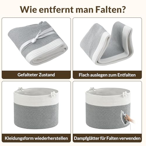 COSYLAND Aufbewahrungskorb Groß für Wohnzimmer, geflochtener Wäschekorb aus Baumwollseil, Wollkorb/Spielzeugkorb, Deckenkorb Wohnzimmer/Korb für Decken, 56×36 cm, Weiß Grau