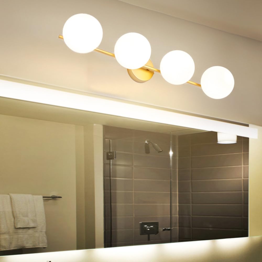 XINYASEE Moderne Badezimmer-Wandleuchte Glaskugeln, Goldfarben, G9 Fassung, Badlampe über Spiegel, Wandlampe für Badezimmer, Schlafzimmer, Flur(ohne Schalter) (4 Köpfe)