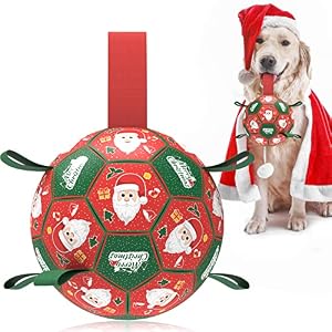 QDAN Christmas Dog Toys: Soccer Ball with Straps for Outdoor Play, Tug of War, Puppy Gifts - Durable 8-Inch Balls for Medium Large Dogs