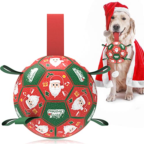 QDAN Christmas Dog Toys: Soccer Ball with Straps for Outdoor Play, Tug of War, Puppy Gifts - Durable 8-Inch Balls for Medium Large Dogs Large Size 3 (8") Christmas 1
