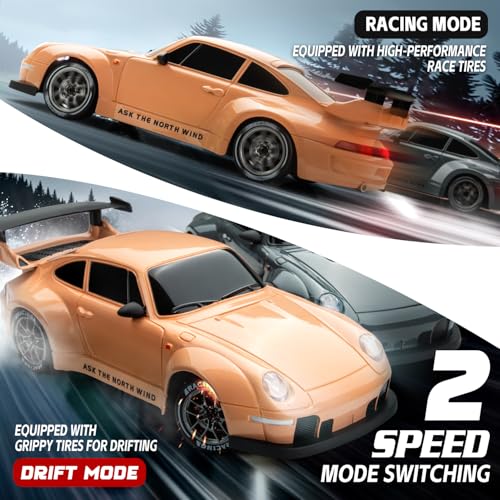 Image of RC Drift Car, 1:24 Scale 4WD High-Speed Flesh Pink Drift RC Car | For Adults Kids, 2.4GHz Remote Control Racing Toy Car with LED Lights, Extra Tires, Rechargeable Batteries & Traffic Cones