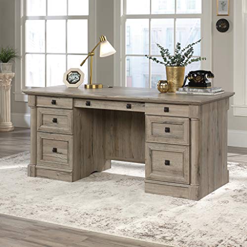 Image of Sauder Palladia Office Desk with Drawers, Executive Desk with File Cabinet Storage, Cable Management, Keyboard Tray, in Split Oak Finish