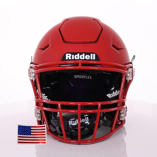 Riddell SpeedFlex Adult Football Helmet w/Scarlet SF-2BD Facemask + US Helmet Flag Decal (Matte Scarlet, Large) - Green Gridiron