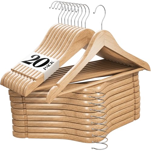 Premium Wooden Hangers 20 Pack - Durable Non Slip Coat Hangers Heavy Duty- Natural Solid Wood Hangers - Clothes Hangers with Chrome Swivel Hooks - Great for Jacket, Dress, Suit Hangers, Home-It