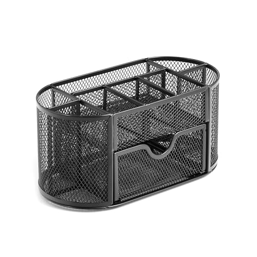 AMECO - Schreibtischorganizer - aus Metallgitter - mit Stifthalter und Schublade - mit 9 Ablagefächern - Aufbewahrungs-/ Ordnungsbox - für Schreibwaren, Schere, Briefklammer - Groß - Schwarz