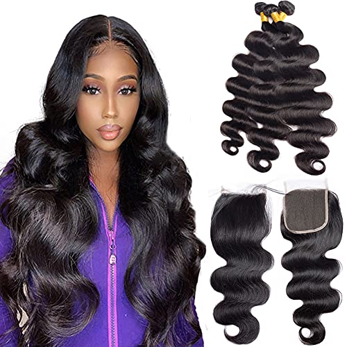 Brazilian Body Wave 3 Bundles With Closure VIPbeauty Unprocessed Virgin Wave Human Hair Bundles With 4x4 Lace Lace Closure Free Part Hair Extensions Natural Color (18 20 22 with 16 Closure)