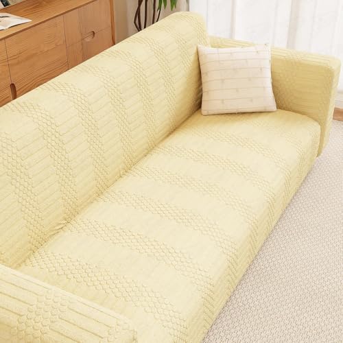 Image of Lukzer 5 Seater Pastel Yellow Dotted Stripe Pattern Sofa Cover | 240 GSM Universal Stretch Fit 3+1+1 Jacquard Fabric Couch Protector | Fully Covered Anti Slip & Washable Sofa Cover - SC-070-05