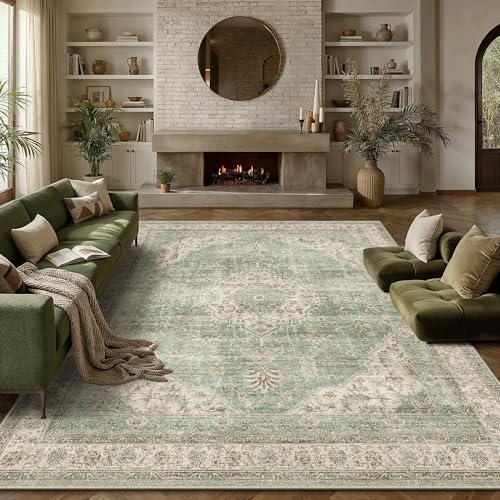 8x10 Green Area Rug for Living Room,Non-Slip Backing Washable Carpet,Vintage Large Low Pile Area Rug,Easy Care Ideal for High Traffic Soft Carpet in