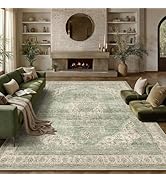 PureCozy 8x10 Green Area Rug for Living Room,Non-Slip Backing Washable Carpet,Vintage Large Low P...