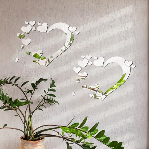 Spiegel Wandaufkleber, 3D Kristall Doppel Liebe Herz Acryl DIY Kunst Wandtattoos Home Wohnzimmer Badezimmer TV Hintergrund Dekor, 18 Stücke / 2 Satz (Silber)
