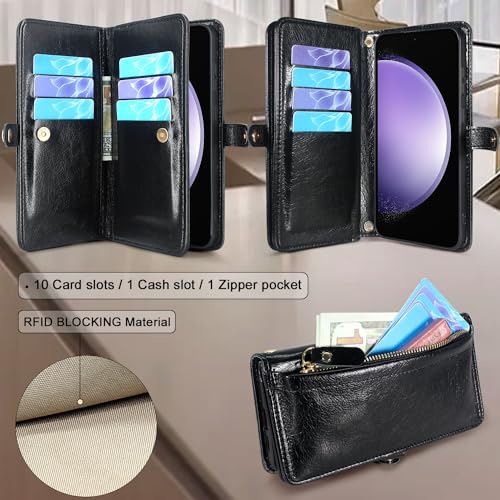Lacass Crossbody Wallet Case for Galaxy S23FE,[Cards Theft Scan Protection] Card Holder Zipper Flip Leather Cover Wrist Strap Stand for Samsung Galaxy S23 FE 5G(Black)