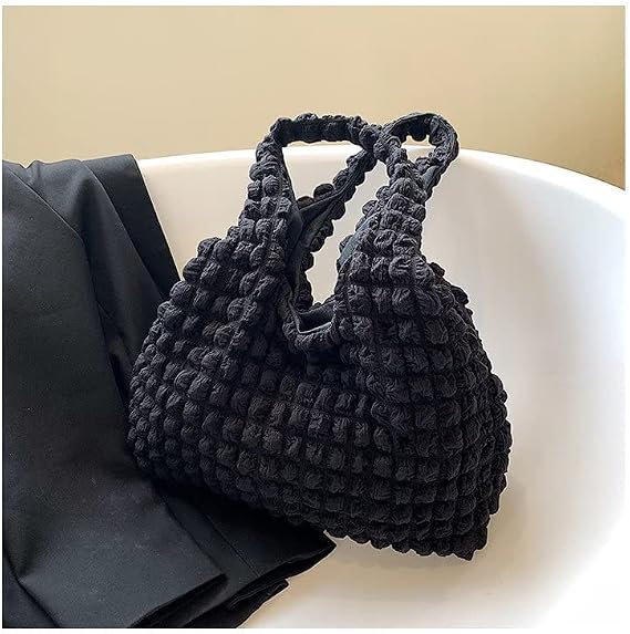 Women's large simple pleated waffle canvas one shoulder portable tote bag shopping bag